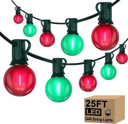 G40 LED Outdoor Christmas String Lights, 25FT Hanging Globe String Light | 25+2 Shatterproof Frosted Red Green Lights, Connectable, Waterproof Patio Lights for Balcony Pergola Decor, Green Wire