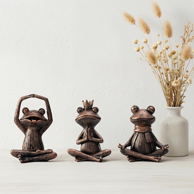 Meditating Yoga Frog Gifts for Women - Set of 3 Resin Zen Garden Statues, Cute Rustic Animal Figurines for Home Office Shelf Room Decor, Peaceful Relaxation Decor Gift for Mom & Yoga Lovers