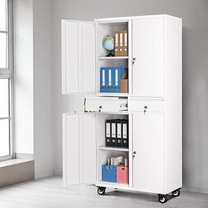 Metal Storage Cabinet with Wheels, 72” Rolling Garage Organizer with Locking Doors & 2 Drawers, Heavy Duty Steel Tool Cabinet with 3 Adjustable Shelves, Lockable Filing Cabinet for Home Office