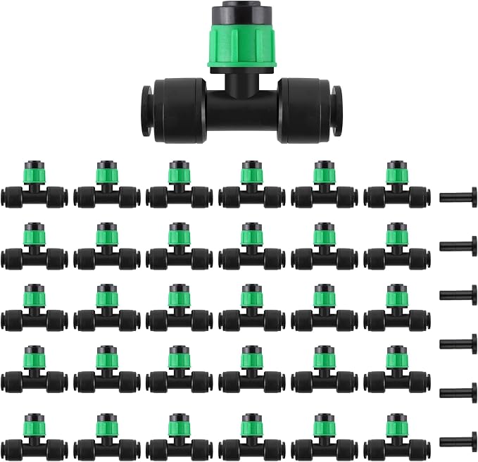 Kalolary 30Pcs Push-to-Fit Drip Irrigation Emitters for 1/4" Tubing, Adjustable 360 Degree Vortex Drip Emitters Irrigation Dripper Sprinklers with 6PCS End Plugs for Garden Irrigation System(Green)