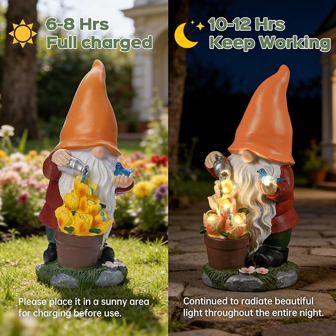 Solar Gnome Statue Outdoor Decor for Mother's Day,Gnome Figurines with Flower LED Light for Garden Decorations for Patio Lawn Balcony Garden,Housewarming Gifts for Women Mom
