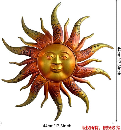Metal Sun Wall Art Decor-17.3 inches Rustic Retro Metal Sun Ornaments, Hanging Decoration for Garden Patio Yard Fence Living Room(Gold)