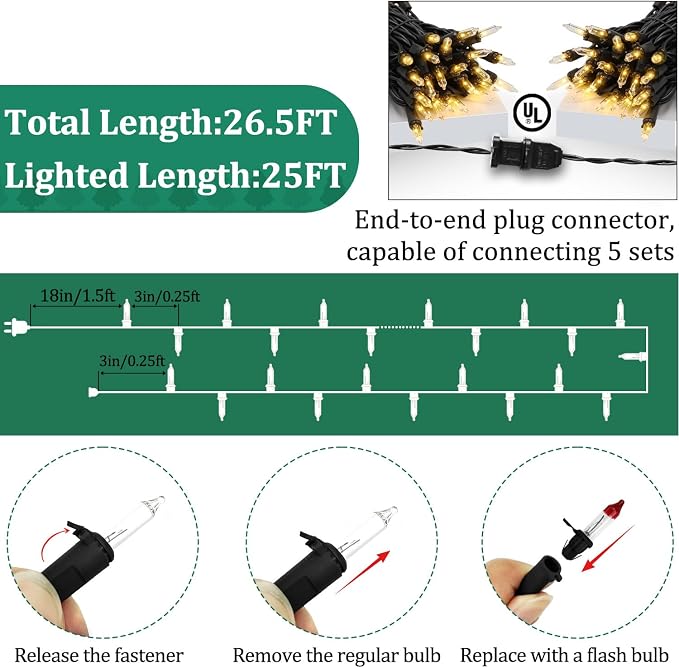 Warm White Christmas Lights Outdoor, 25FT 100 Count Incandescent Mini Christmas Lights Black Wire, Waterproof Fairy Lights, Connectable Xmas String Lights for Christmas Tree, Garland, Wedding Decor