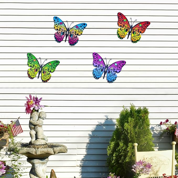 Metal Butterfly Wall Decor - 9.6" Outdoor Fence Wall Art Decor, Hanging Decoration for Garden Yard Living Room Bedroom Patio Balcony(4 Pack)