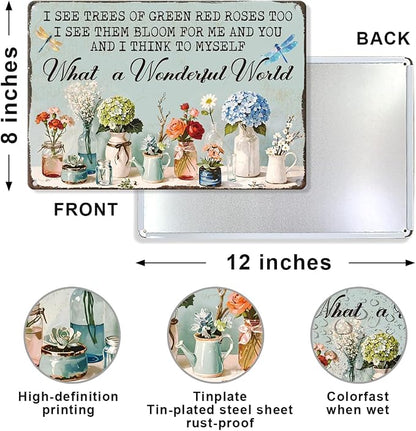 Flower Garden Metal Tin,What A Wonderful World I See Trees Sign | Vintage Wall Art for Outside Garden Porch Palio Yard Home Fence Greenhouse Indoor Outdoor Wall Decor