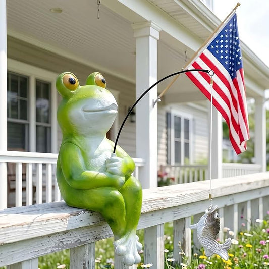 9.5" Frog Fishing Garden Sculptures & Statues, Stone Look Sculpture, Whimsical Lawn Yard Art, Funny Pond Fisherman Statue, Resin Animal Decorative Figurine, for Frog Fishing Lovers