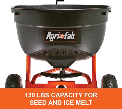 Agri-Fab Pull Behind Broadcast Spreader for Seed, Fertilizer, Salt and Ice Melt, 130 lb Hopper Capacity with Universal Hitch and 12 Ft Spread Width