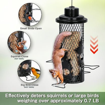 Gbekery Squirrel Proof Bird Feeders for Outdoors Hanging, Black | Metal Wild Bird Feeders for Small Birds with Weight Activated Perches, Weatherproof and Durable, Perfect for Backyard Garden