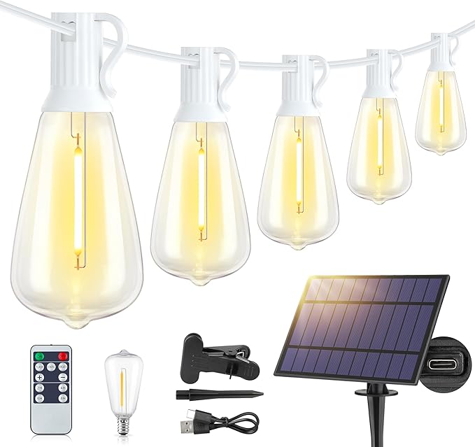 Larkvue 48FT Solar Outdoor String Lights with Remote & Timer, Shatterproof Dimmable 3 Modes Patio Lights with 15+1 ST38 LED Bulbs for Backyard-White