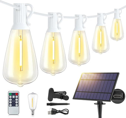 Larkvue 48FT Solar Outdoor String Lights with Remote & Timer, Shatterproof Dimmable 3 Modes Patio Lights with 15+1 ST38 LED Bulbs for Backyard-White