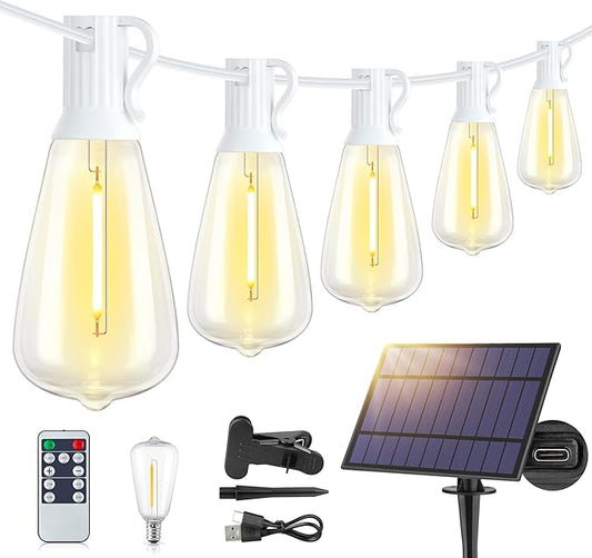 Larkvue 48FT Solar Outdoor String Lights with Remote & Timer, Shatterproof Dimmable 3 Modes Patio Lights with 15+1 ST38 LED Bulbs for Backyard-White