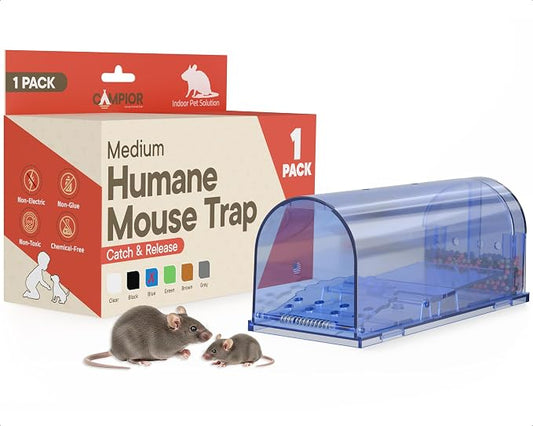 Campior Humane Mouse Trap Pack of 1, Live Mouse Traps Catch and Release for Indoors & Outdoors, Pet & Child Safe, 6.69" Reusable Plastic Mouse Cage with Spring Door, Cleaning Brush Included, Blue