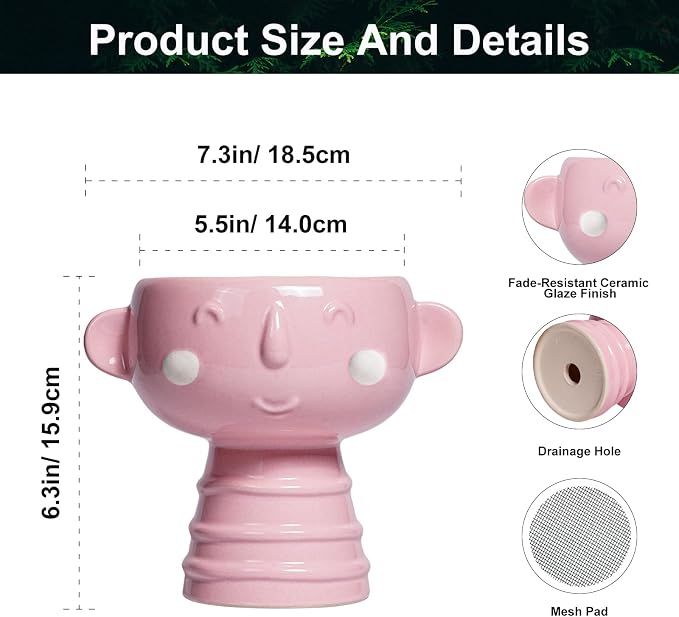 Smiley Face Planter - 7 Inch Ceramic Head Planter for Indoor Outdoor Plants, Cute Succulent Pots with Drainage Hole, Decorative Flower Pots, Home Room Desk Decor, Birthday Gifts, Bright Pink