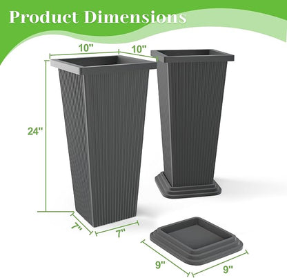 FENCY Set of 2 Tall Planters for Outdoor Plants, Gray Ribbed | 24 Inch, with Drainage Hole & Trays, Plastic Tapered Pots, Weather-Resistant, Front Door Decor