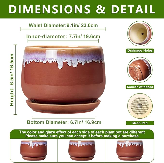 9 Inch Ceramic Planter - Indoor Planters with Drainage and Saucer, Decorative Flower Pot for Indoor Plants, Round Large Plant Pots, Office Patio House Decor, House Warming Gifts, Red-Purple