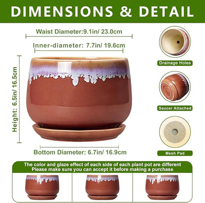 9 Inch Ceramic Planter - Indoor Planters with Drainage and Saucer, Decorative Flower Pot for Indoor Plants, Round Large Plant Pots, Office Patio House Decor, House Warming Gifts, Red-Purple