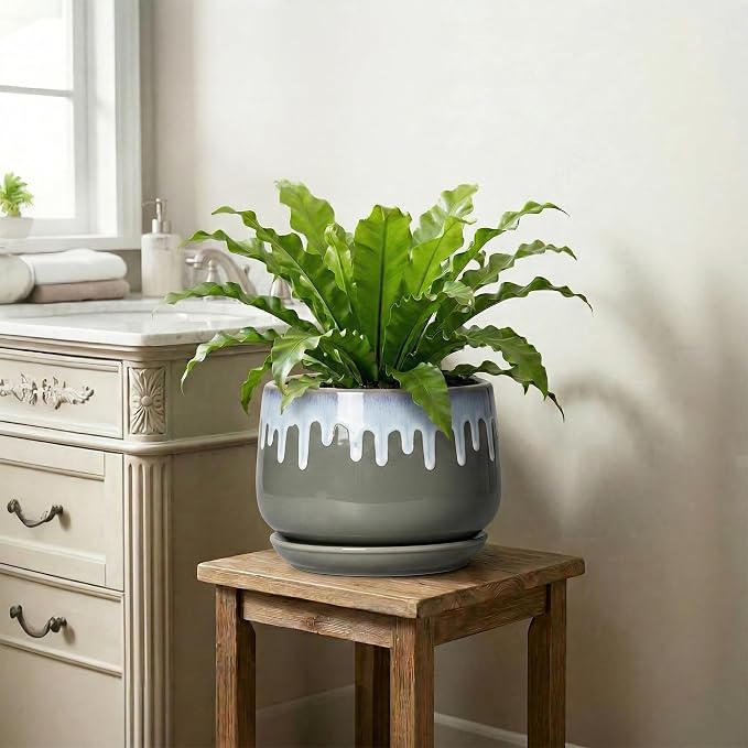 Ceramic Flower Pots - 9 Inch Planters for Indoor Plants, Indoor Planter with Drainage and Saucer, Round Decorative Plant Pots for Plants, Porch Home Decor, Grey-Blue