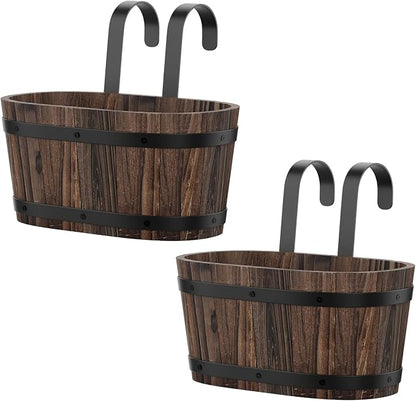 2-Pack Wooden Railing Planters, Hanging Flower Pots with Detachable Hooks for Balcony, Fence, Deck, Garden & Country Home Decor, Carbonized