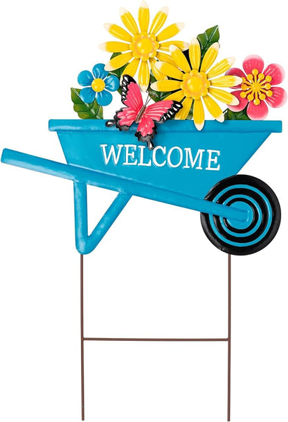 Glitzhome Cart Decorative Garden Stakes, Spring Metal Yard Decor with Lifelike Flower or Wall Decor, Flower Barrow Stake Garden Signs for Outside, 30” H