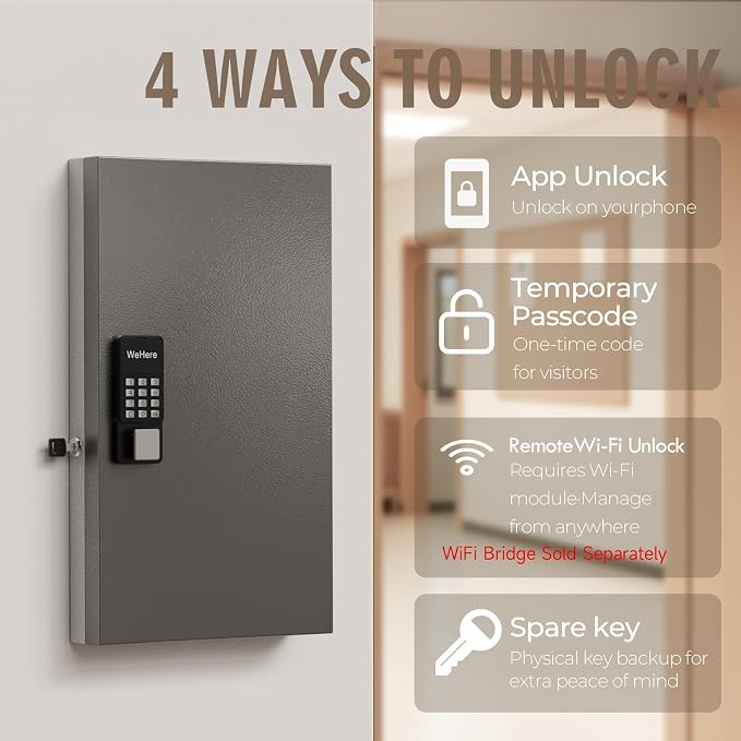 WeHere 72-Key Smart Key Lock Box, Wall-Mount Key Cabinet with Key Management App(Track Key Borrow/Return), Keypad, Bluetooth & WiFi Unlock (Sold Separately) for Commercial, School, Rental, Office