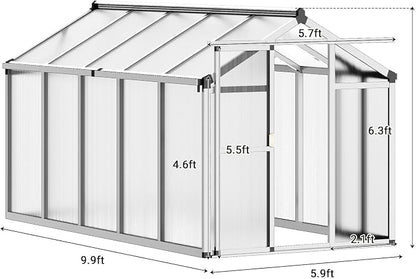 6X10 FT Greenhouse, Greenhouses for Outside, Aluminum Frame Polycarbonate Panels with Sliding Lockable Door and Ajustable Roof Vent, Spacious Walk-in Design for Backyard, Garden, Patio, Silver