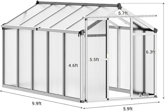 6X10 FT Greenhouse, Greenhouses for Outside, Aluminum Frame Polycarbonate Panels with Sliding Lockable Door and Ajustable Roof Vent, Spacious Walk-in Design for Backyard, Garden, Patio, Silver