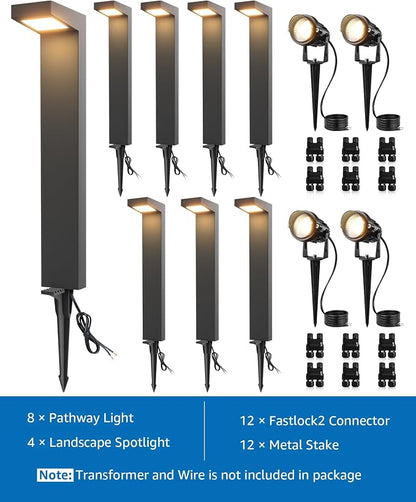 SUNVIE LED Low Voltage Landscape Lighting Kit Outdoor Waterproof Low Voltage Pathway Lights Wired with Spotlights 3000K Modern Outdoor Landscape Lights with Connectors for Path Yard Garden, 12 Pack