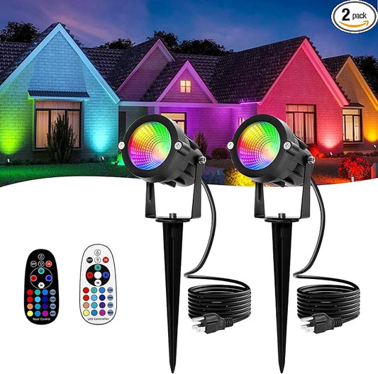 RGBW Multicolor Spotlight Outdoor: 16 Color Changing Landscape Lighting with Remotes 120V Plug in Waterproof Holiday LED Spot Light for Yard Garden Tree Bush Path Lawn Décor, 2 Pack (RGB + Warm Light)