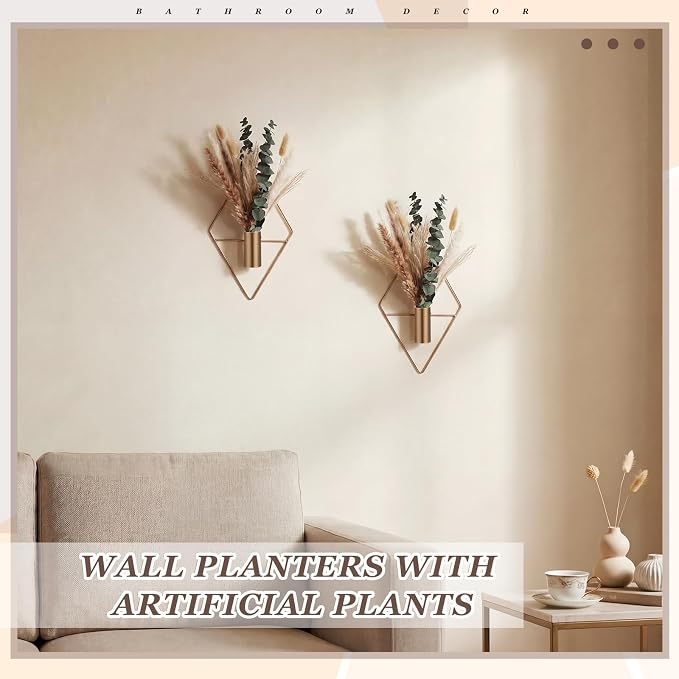Jexine 8 Pcs Hanging Planters with Artificial Pampas Metal Hanging Vase Indoor Plants Holder Modern Geometric Boho Bathroom Wall Decor for Living Room Home Office(Antique Copper)