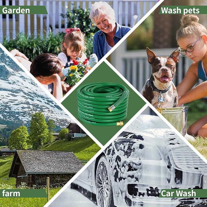 Guitrees 75FT 5/8 Heavy Duty Rubber Garden Hose - 300psi Working, 1000psi Burst - Hot/Cold Water - Five-Layered Braiding for Durability - Versatile for Gardening, Agriculture, Construction(Green)