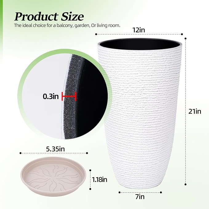 QCQHDU Set of 2 9 Gallon Tall Large planters for Outdoor/Indoor Plants of 12" Dia x 21" H Round Flower Pots Set Faux Stone Finish Front Door Patio Square Porch Planters with Tray, White