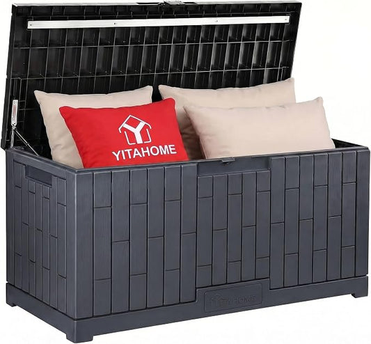YITAHOME 120 Gallon Outdoor Storage Deck Box | Large Resin Patio Storage Box with Slide-Locking Lid, 53"L 2-Person Bench Seat for Outdoor Pillows, Garden Tools &