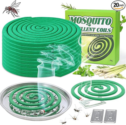 20 Pack Mosquito Repellent Coils, Natural Citronella Incense for Patio & Outdoor - 7 Hour Long Lasting Bug Repellent for Yard, Camping & Deck - Plant Based Insect Control with 1 Holder 2 Stands