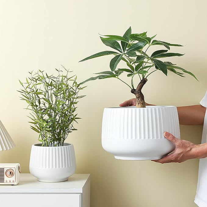 OXART Ceramic Plant Pot, 12+9+6.6 inch Large Plant Pot with Drainage, 3 Piece Planters for Indoor Plants, Modern Decor Home Office Garden Flower Pots for Indoor Outdoor Plant Set, White