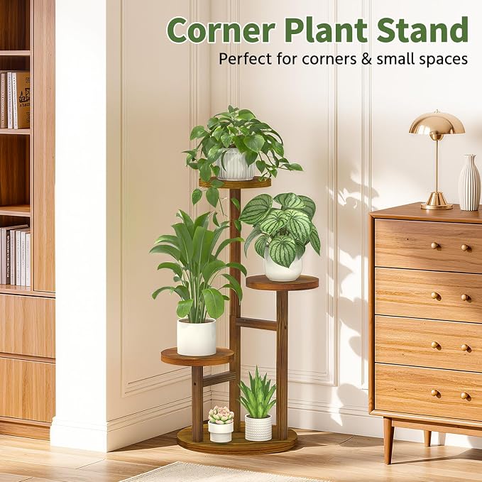 LASZOLA 3 Tiered Wood Plant Stand Indoor Corner, Flower Holder Rack Tall for Multiple Plants, Rustic Planter Shelf Display for Patio Garden Balcony Living Room, Brown