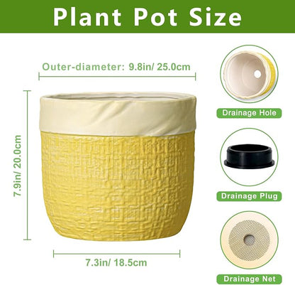 Ceramic Plant Pots - 9.8 Inch Plant Pots for Indoor Plants, Round Planter with Drainage Hole and Plug, Boho Pot for Plants, Decorative Flower Pot, Front Porch Decor, Gardening Gifts, Yellow
