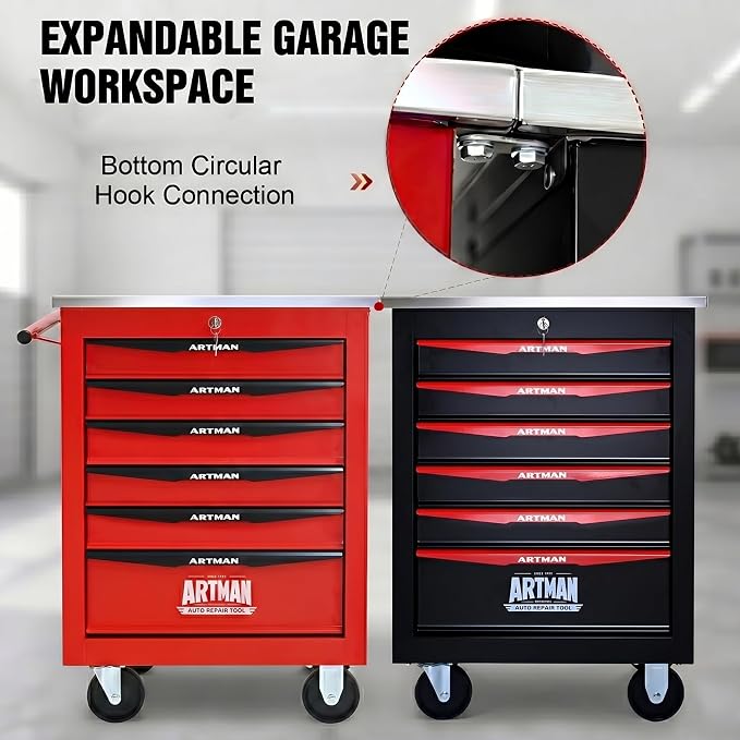 6-Drawer Rolling Tool Chest, Lockable Stainless Worktop for Garage, Red | Heavy Duty Metal Tool Cabinet with Drawers on Wheels for Warehouse and Workshop Storage