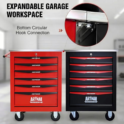 6-Drawer Rolling Tool Chest, Lockable Stainless Worktop for Garage, Red | Heavy Duty Metal Tool Cabinet with Drawers on Wheels for Warehouse and Workshop Storage
