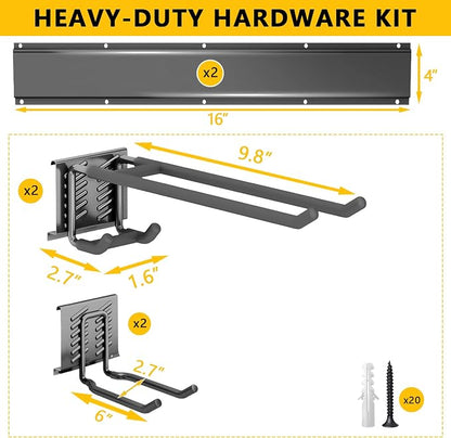 Garage Tool Organizer Wall Mount, 32inch Heavy-Duty Garage Storage System and Garden Tool Organizer with 4 Adjustable Hooks for Shovel, Snowboard, Yard Tools and Shed