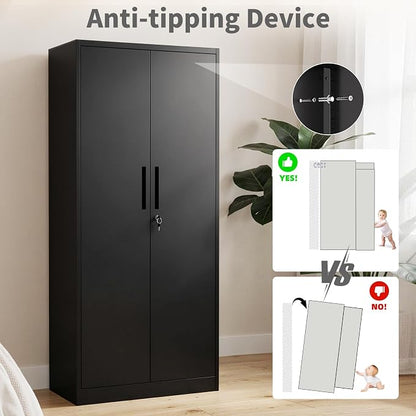 Metal Storage Cabinet with 2 Doors and 4 Shelves, 71" H Metal Cabinet with Lock, Steel Locking File Cabinet, Lockable Storage Cabinet, Tool Cabinet for Home, Office,Garage, School, Black