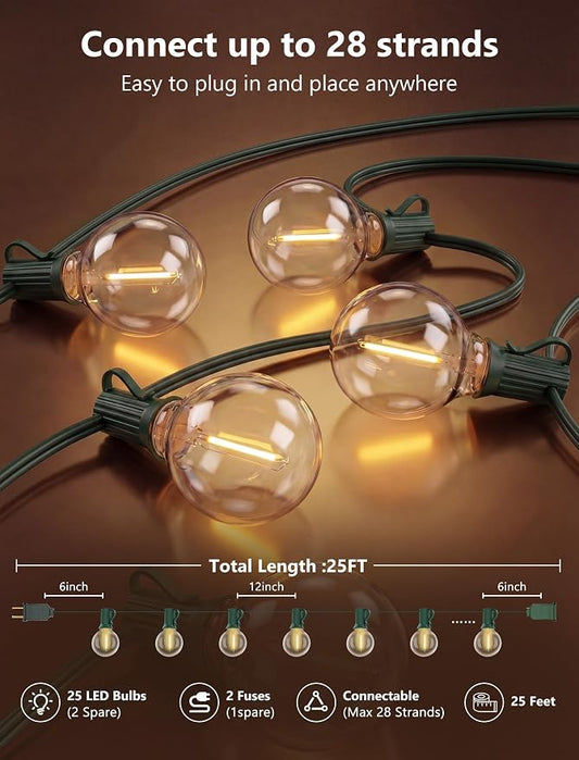 25FT LED Outdoor Christmas String Lights Waterproof, Hanging G40 Globe Patio Lights with 27 LED Shatterproof Warm White Bulbs, Outdoor Christmas Decorations Light for Wedding Party Backyard, Green