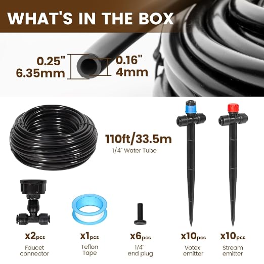 110FT Quick-Connect Drip Irrigation Kit, Garden Watering System DIY Automatic Irrigation Equipment Set for Lawn Raised Bed Greenhouse Plant Watering with 1/4'' Tubing, Drip Emitters, Connectors