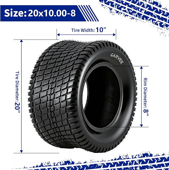 GarveeLife 20x10.00-8 Lawn Mower Tires (Set of 2) - 20x10.00x8 4-Ply Tubeless Garden Tractor Turf Tires, 1190 LB Load Capacity, 22 PSI, for Mowers & Yard Carts