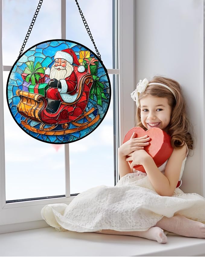 DASTOLL Stained Glass Window Hanging - Red Santa Claus Gift Box Suncatcher for Doors Home Christmas Decoration Winter Sun Catcher Thanksgiving New Year Birthday Gift for Women Men Mom Nana 11.8 in
