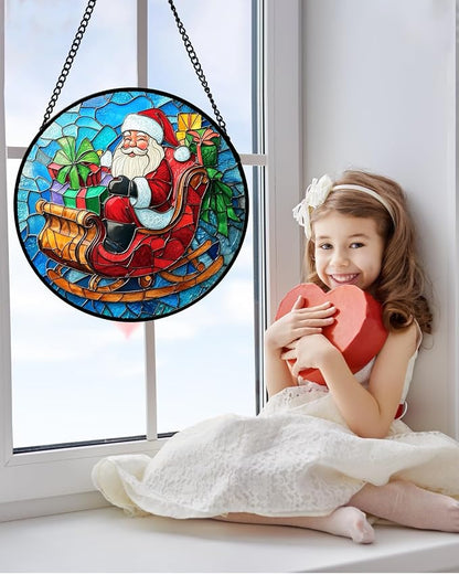 DASTOLL Stained Glass Window Hanging - Red Santa Claus Gift Box Suncatcher for Doors Home Christmas Decoration Winter Sun Catcher Thanksgiving New Year Birthday Gift for Women Men Mom Nana 15 in