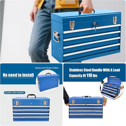 4 Drawers Metal Tool Box, 21'' Portable Metal Tool Box with EVA Liners & Auto-Locking Mechanism, Heavy Duty Steel Tool Chest with Ball-Bearing Drawer Slides & Convenient Top Handle, Blue