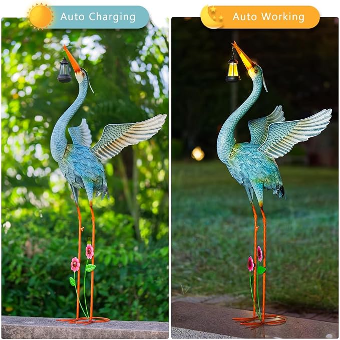 Crane Garden Statue with Solar Lantern,Large Blue Heron Outdoor Staue | Metal Crane Sculpture, Yard Art Decor for Garden, Lawn, Backyard, Porch