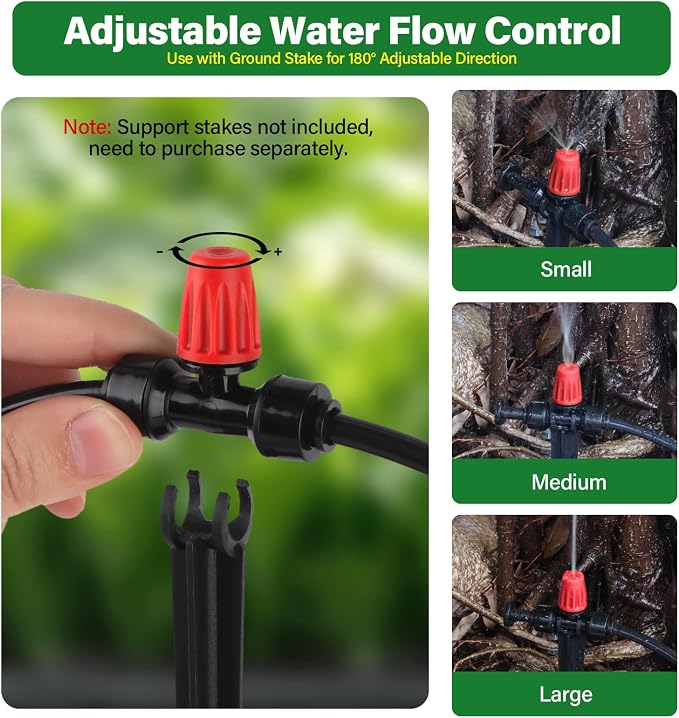 Kalolary 30Pcs Push-to-Fit Drip Irrigation Spray Emitters for 1/4" Tubing,Three-Way Adjustable Atomizing Nozzle Micro Irrigation Dripper Sprinklers with 6PCS End Plugs for Irrigation System(Red)