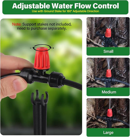 Kalolary 30Pcs Push-to-Fit Drip Irrigation Spray Emitters for 1/4" Tubing,Three-Way Adjustable Atomizing Nozzle Micro Irrigation Dripper Sprinklers with 6PCS End Plugs for Irrigation System(Red)