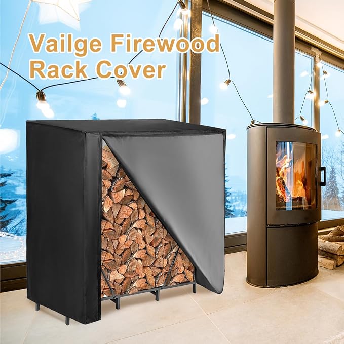 Vailge Firewood Rack Cover 6FT, Waterproof Firewood Rack Outdoor Cover with Full Front Zipper & Windproof Straps, Heavy Duty 600D Oxford Log Protector for All Seasons